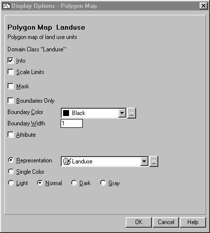 ILWIS dialog boxes Press the polygon map button in the Object selection toolbar to show the polygon maps again and double-click the polygon map Landuse in the Catalog.