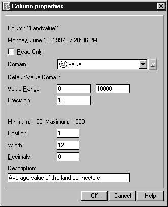 Figure 1.16: Example of a Column Properties dialog box. This dialog box contains information on column Landvalue.