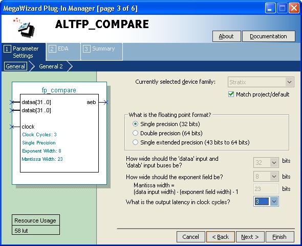 Getting Started On page 3 of the ALTFP_COMPARE MegaWizard Plug-In Manager, you can select the type of precision, specify the widths of the input buses, specify the width of the exponent, verify the