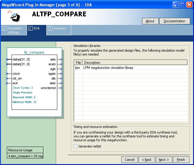 MegaWizard Plug-In Manager Page Descriptions On page 5 of the ALTFP_COMPARE MegaWizard Plug-In Manager, you can choose to generate a synthesis area and timing estimation netlist (Figure 2 5).