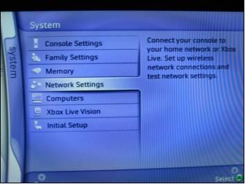Turn on the Xbox360 console and navigate to the wire settings screen. The menu path is "System -> Network Settings -> Edit Settings.