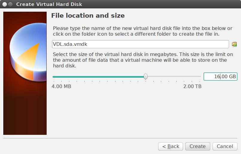I named my disk, VDL.sda.vmdk and changed the size from 8GB to 16GB.