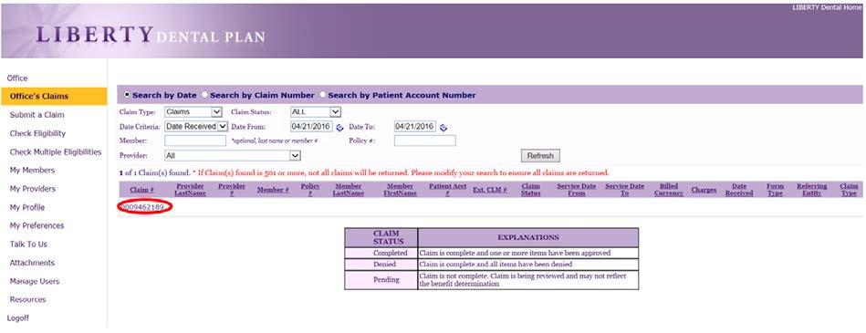 Click on Search by Date, Search by Claim Number or Search by Patient Account Number radio buttons to find the claim,