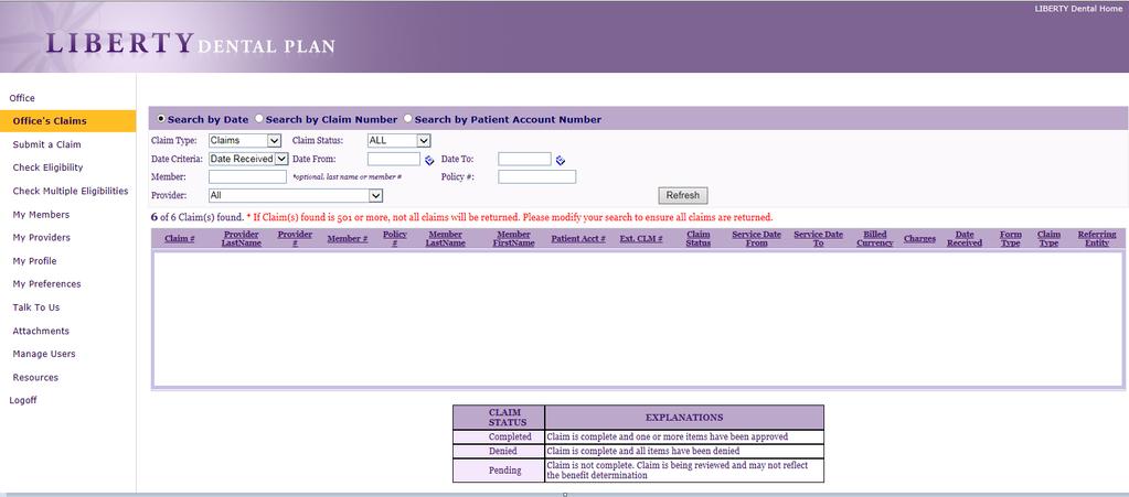 Check the Status of a Claim, Pre-Estimate or Referral continued Example of Search Results: Note: If Claim(s) found is 501 or more, not all claims will be returned.