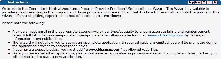 The Provider Enrollment > Instructions panel provides an introduction to the online enrollment/reenrollment process.