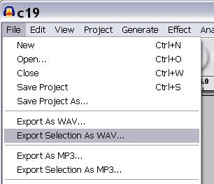 Click File and choose Export as WAV 2. Choose a destination and a name for your file. 3. Click OK. Exporting a single track, or a part of a track (.