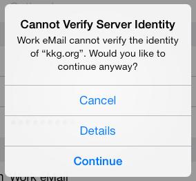 TROUBLESHOOTING Q. Its asking for a server name and stuff. A. Cancel. Log into webmail to verify that your account works. Then, open Safari and go to https://autodiscover.kkg.org.