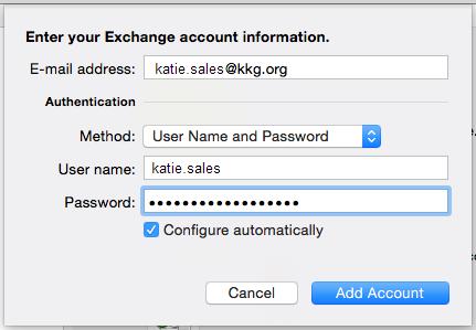 <last name>) and password. 2. Open Outlook. 3. Click the Tools menu on the top of your screen and then click Accounts. 4. Click Exchange or Office 365. 5.