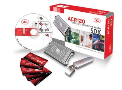 2.6.2 SDK-ACR120 ACR120 Contactless Smart Card Development Kit Package Contents 1 x ACR120 Contactless Smart Card Reader 1 x ACR38DT DualKey (A key for both physical and logical access control) 5 x