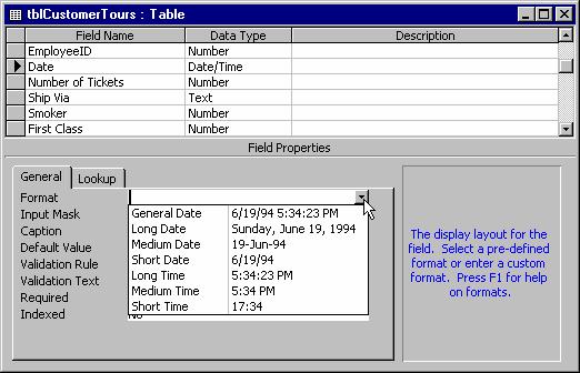 20 Microsoft Access 2002 Lesson 1-9: Formatting Number, Currency, and Date/Time Fields Figure 1-12 The Format property determines how values are displayed in a field. 1. Select the number, currency, or date field you want to format.