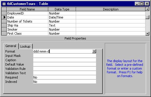 22 Microsoft Access 2002 Lesson 1-10: Formatting Number, Currency, and Date/Time Fields by Hand Figure 1-13 The Format property determines how values are displayed in a field.