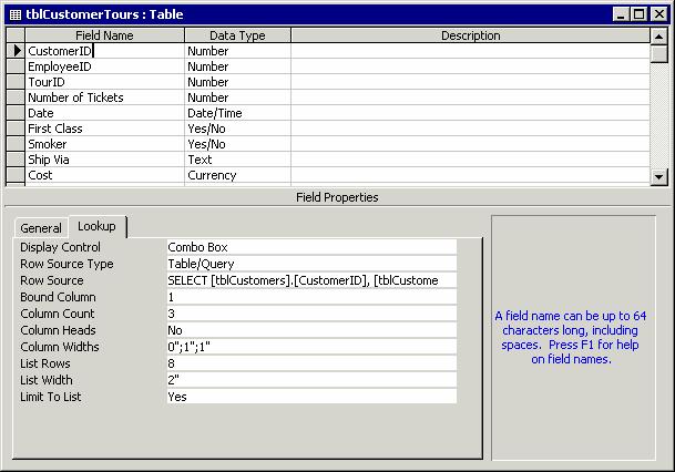 36 Microsoft Access 2002 Lesson 1-18: Modifying a Lookup List Figure 1-32 You can display and modify the properties of a lookup field by clicking the Lookup tab in the Field Properties section.