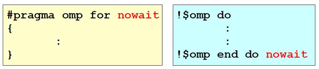 #pragma omp for nowait nowait Removes implicit barrier from end of block To minimize synchronization, some OpenMP directives/pragmas support the optional nowait clause If present, threads
