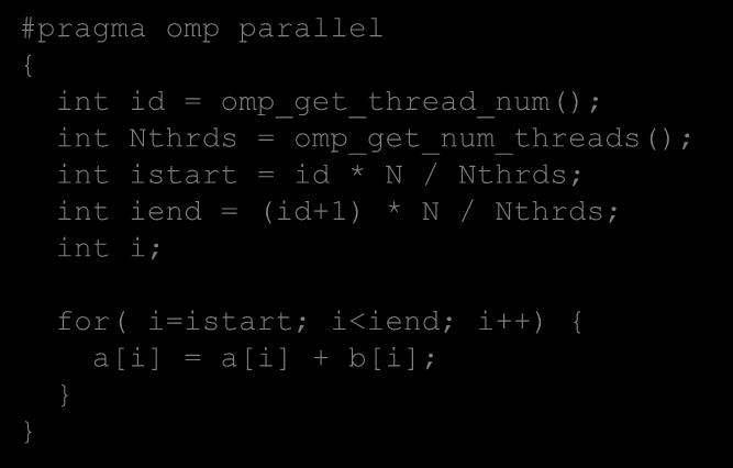 omp_num_procs() Example: vector add operation Sequential code for( i=0; i<n; i++) a[i] = a[i] + b[i]; OpenMP parallel version int id =