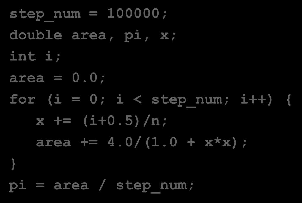 Example: Numerical Integration Serial Program: step_num = 100000; double area, pi, x; int i; area = 0.