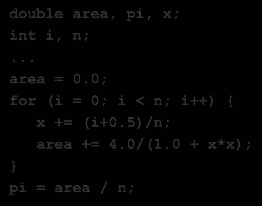 Critical Sections double area, pi, x; int i, n;... area = 0.