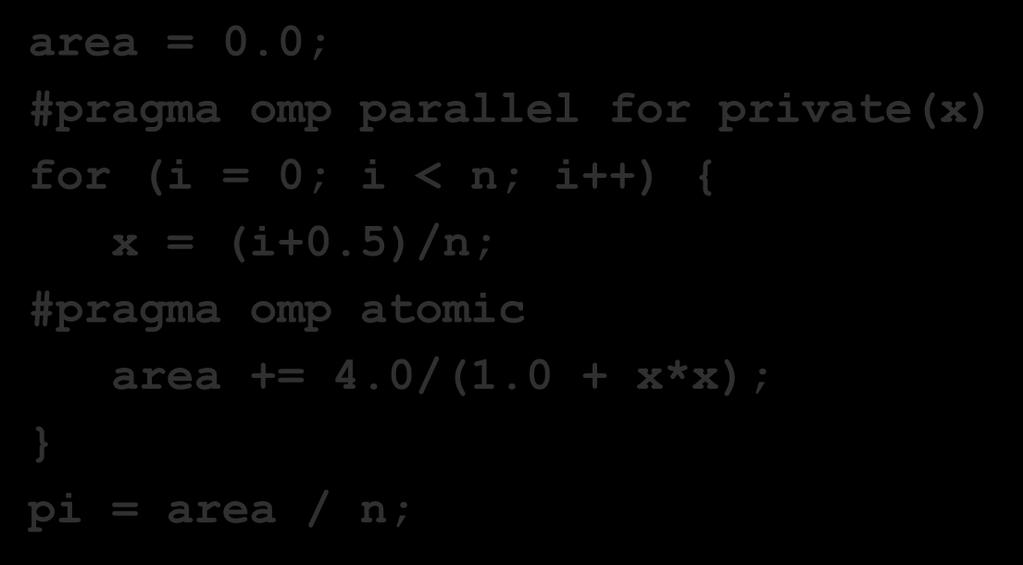 Synchronization Critical pragma: discussed previously Atomic provides mutual exclusion but only applies to the update of a memory location (the update of area in the