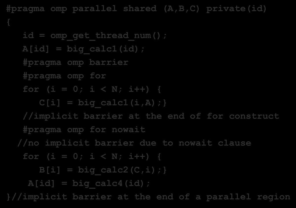 nowait Clause #pragma omp parallel shared (A,B,C) private(id) { id = omp_get_thread_num(); A[id] = big_calc1(id); #pragma omp barrier #pragma omp for for (i = 0; i < N; i++) { C[i] = big_calc1(i,a);}