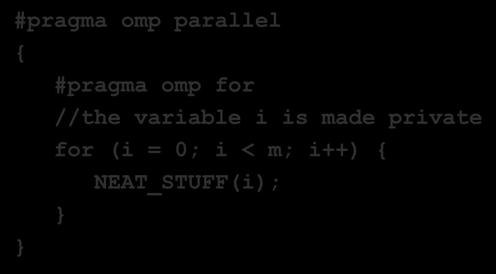 Example Use of for Construct #pragma omp parallel { #pragma omp for //the