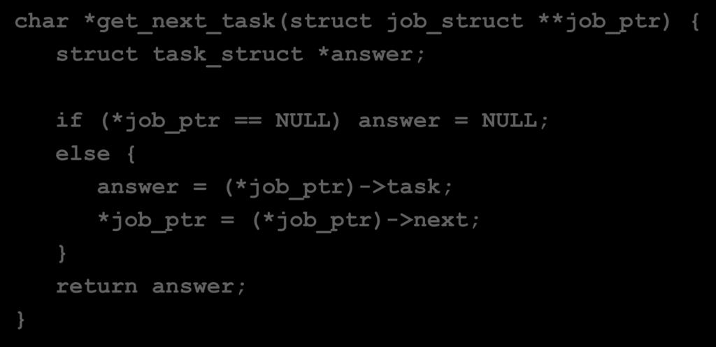 Sequential Code (2/2) char *get_next_task(struct job_struct **job_ptr) { struct task_struct *answer; } if