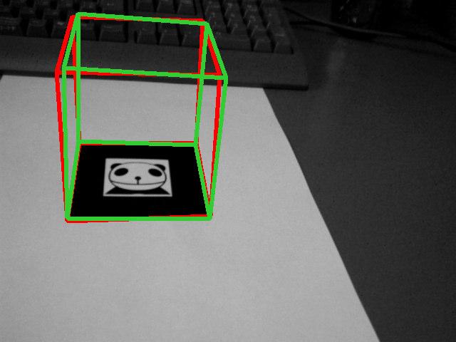 frame1 frame9 frame17 frame25 frame33 frame41 frame50 frame60 Figure 9. Resulting images of overlaying cubes by ARToolkit and our method. Green cube: by ARToolkit; Red cube: by our method. 5.