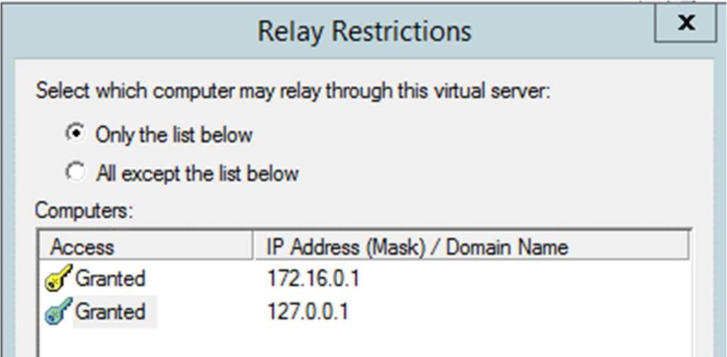 5. Add a relay rule to allow Exchange servers to relay to the SMTP server on the Risk Analytics machine. In the Relay restrictions area, click Relay.