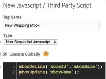 b) For mbox.js: In the code box, specify your mboxdefine/mboxupdate code.