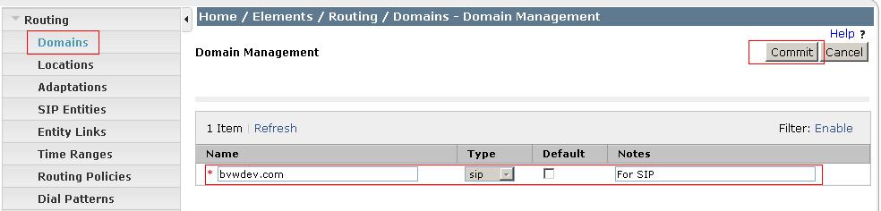 Adding Domain To add a domain, select Domains from the left hand window of the Routing screen and click on New (not shown).