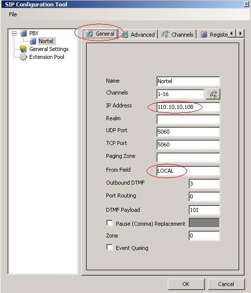 Figure 28 shows the General tab of the SIP Configuration Tool. Fields circled in red are to be populated by user.