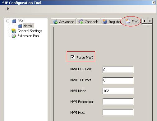 Figure 31 shows the Force MWI box checked under the MWI tab of the SIP Configuration Tool.