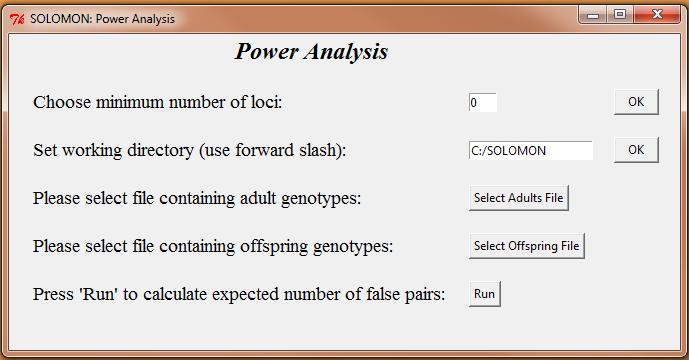SOLOMON: Parentage Analysis 11 Power Analysis: For data sets with no known parents, you can calculate the expected number of false pairs (i.e., pairs that share alleles by chance alone) by simply using the allele frequencies.