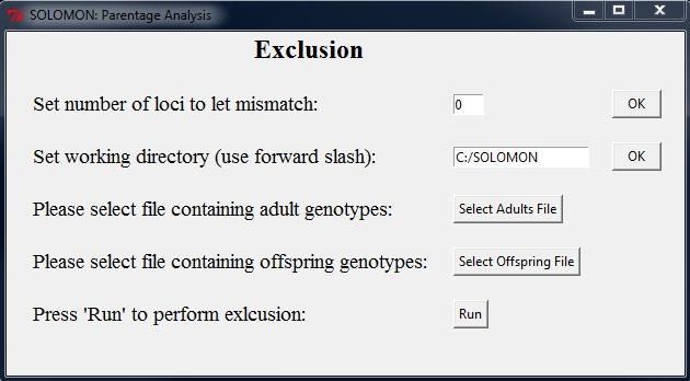 SOLOMON: Parentage Analysis 12 Exclusion: If you have no know parents and wish to perform exclusion, simply click on the first EXCLUSION button to launch the following menu: The first option is to