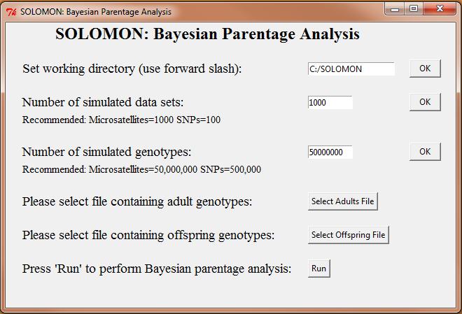 SOLOMON: Parentage Analysis 14 Bayesian Parentage Analysis: If you select BAYES from the main menu, you will launch the interface to perform parentage analysis with Bayes theorem.