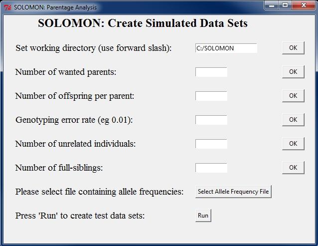 SOLOMON: Parentage Analysis 9 Creating Simulated Data Sets: If you have created an allele frequency file (see previous page) you can now create simulated data sets to test with SOLOMON.