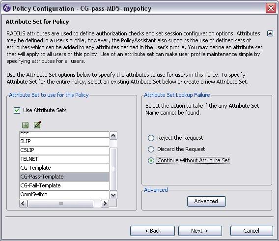 Configure PolicyAssistant Configure PolicyAssistant rules for CyberGateKeeper Figure 7-40 Attribute Set for Policy 9 Perform the following steps: a.