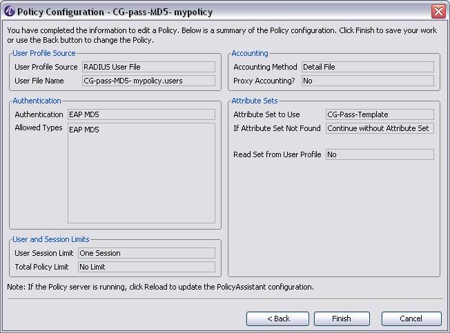 Configure PolicyAssistant Configure PolicyAssistant rules for CyberGateKeeper Figure 7-41 Policy configuration summary 10 Click Finish to complete the PolicyAssistant configuration for CG-pass-MD5.