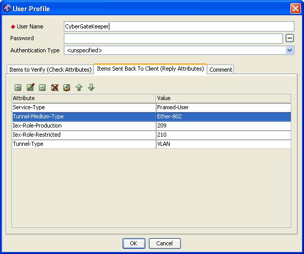 Configure templates Create a template Figure 8-6 User Profile for OmniSwitch Figure 8-7 User Profile for CyberGateKeeper 7 Click