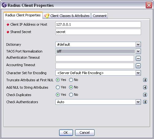 RADIUS client configuration Any RADIUS client configuration Figure 9-2 Radius Client Properties 3 Use Table 9-1 to enter the information and click OK.