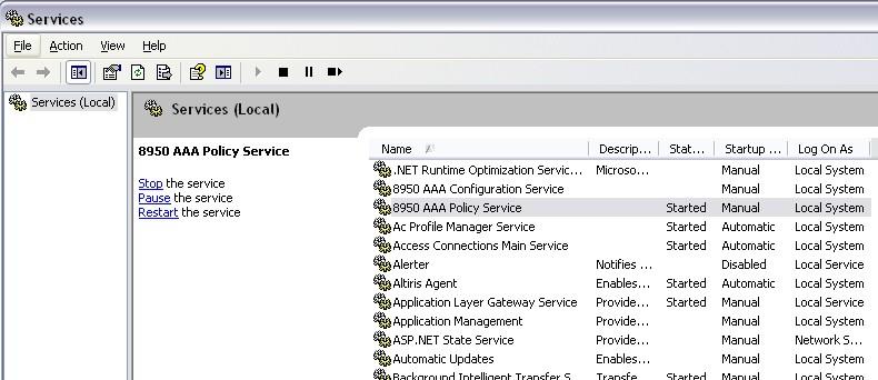 Figure 11-1 Windows Services 4 Select 8950 AAA Policy Service from the list of applications.
