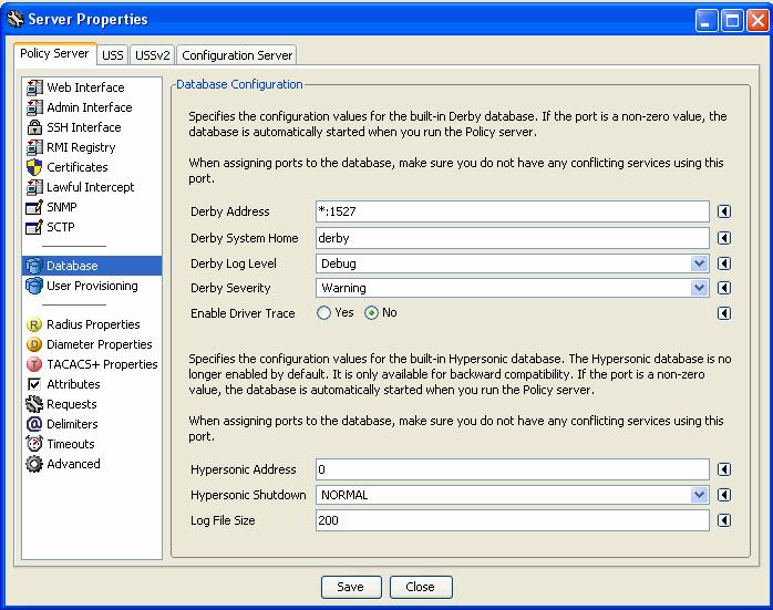 Derby database Database configuration Result: Database Configuration panel opens. Figure 13-1 Server Properties 3 Use Table 13-1 to enter the Derby DB information and click Save.