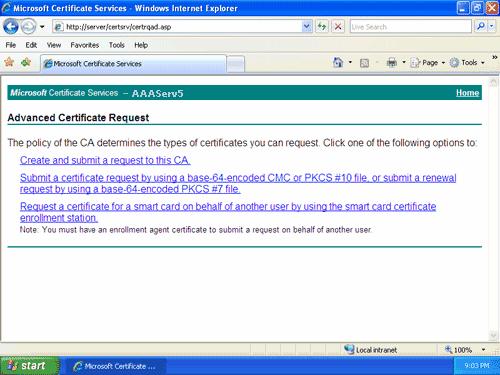 Certificate management Generate certificates for AAA using third-party CA Figure 15-7 Advanced Certificate Request 4 Click Submit a certificate request by using a base-64-encoded CMC or PKCS