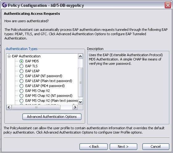 Configure PolicyAssistant Configure PolicyAssistant rules for OmniSwitch Figure 7-8 Authenticating Access Requests 5 Expand EAP Authentication in the