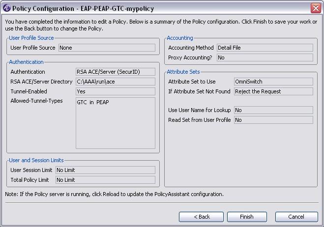 Configure PolicyAssistant Configure PolicyAssistant rules for OmniSwitch Figure 7-24 Policy configuration summary 13 Click Finish to complete the PolicyAssistant configuration.
