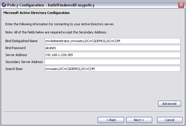 Configure PolicyAssistant Configure PolicyAssistant rules for OmniSwitch Figure 7-32 Microsoft Active Directory Configuration e. Click Next. Result: The Attribute Set for Policy window opens.