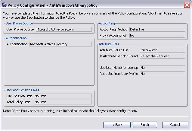 Configure PolicyAssistant Configure PolicyAssistant rules for OmniSwitch Figure 7-33 Policy configuration summary 9 Click Finish to complete the PolicyAssistant configuration.