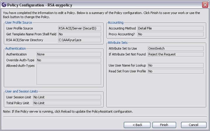 Configure PolicyAssistant Configure PolicyAssistant rules for OmniSwitch c. Click Next. Result: The Attribute Set for Policy window opens. See Figure 7-12. 8 Perform the following steps: a.