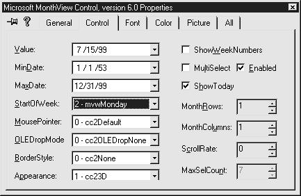 Chapter 06: Implementing ActiveX Controls Figure 6: Changing the StartOfWeek item on the Control tab of the MonthView Control Properties dialog box 7.