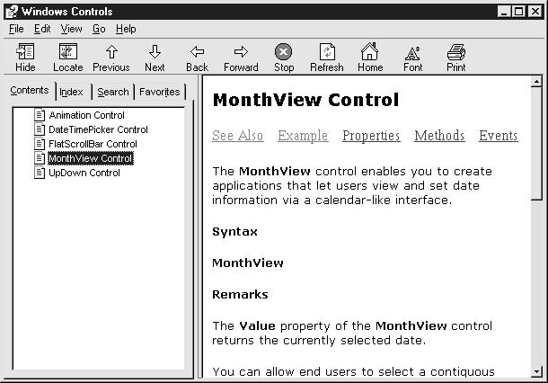 Chapter 06: Implementing ActiveX Controls 4. Select the Microsoft MonthView Control, version 6.0. 5. Click the More Info button. This opens a help file, as shown in Figure 6-8.