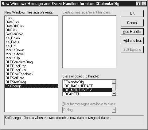 Chapter 06: Implementing ActiveX Controls a skeleton of the new member function, SetBackupDateEditCtl, is added to the CCalendarDlg class, as shown: void CCalendarDlg::SetBackupDateEditCtl(DATE