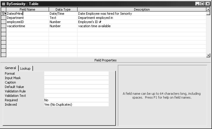 A primary key is a field that will be unique; you can see the key shown in Fig-5. 6. Choose File Save and a dialog will pop up asking what to save the table as. Type byemployee and press Enter. 7.